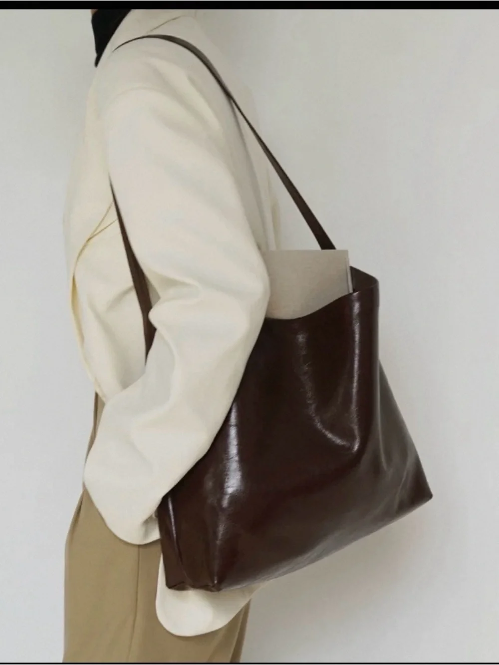 Minimalist Leather Shoulder Tote in Dark Brown - Picture 1 of 1
